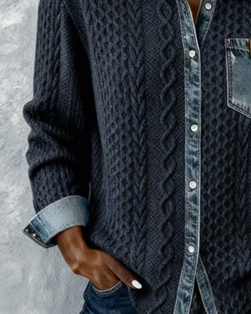Odette | Women's Cable Knit Sweater Shirt with Denim Collar and Pocket