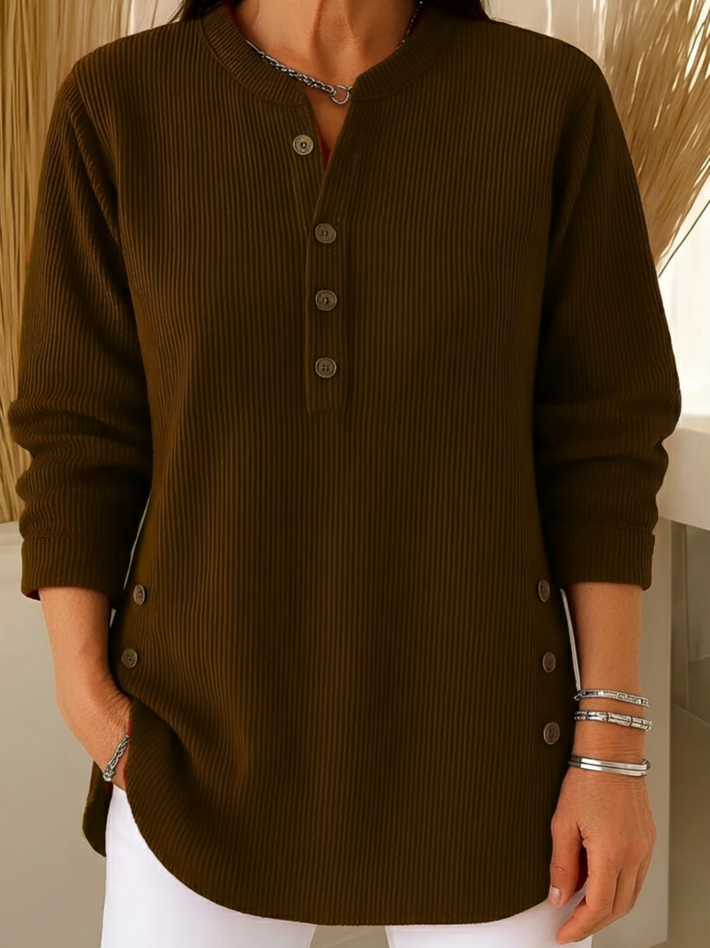 Nysha | Women's Ribbed Knit Henley Tunic Sweater with Button Side Slits