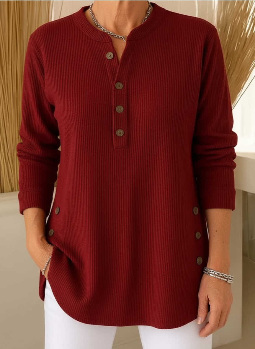 Nysha | Women's Ribbed Knit Henley Tunic Sweater with Button Side Slits