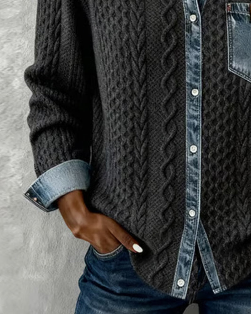 Odette | Women's Cable Knit Sweater Shirt with Denim Collar and Pocket