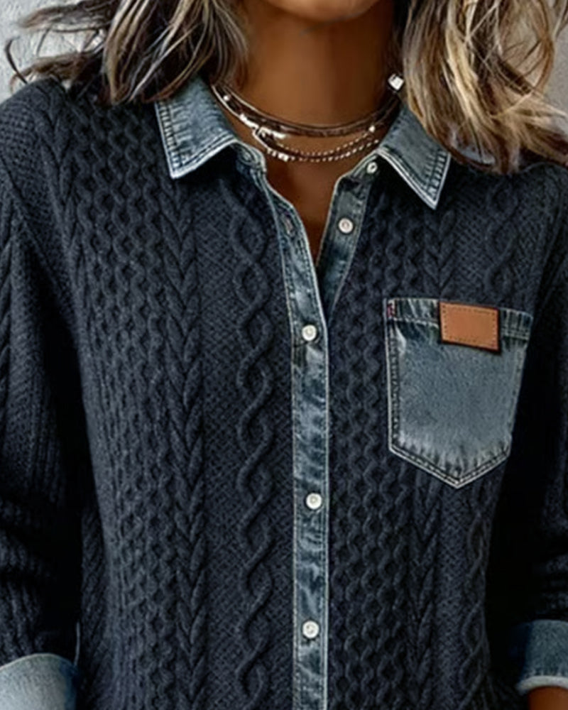 Odette | Women's Cable Knit Sweater Shirt with Denim Collar and Pocket
