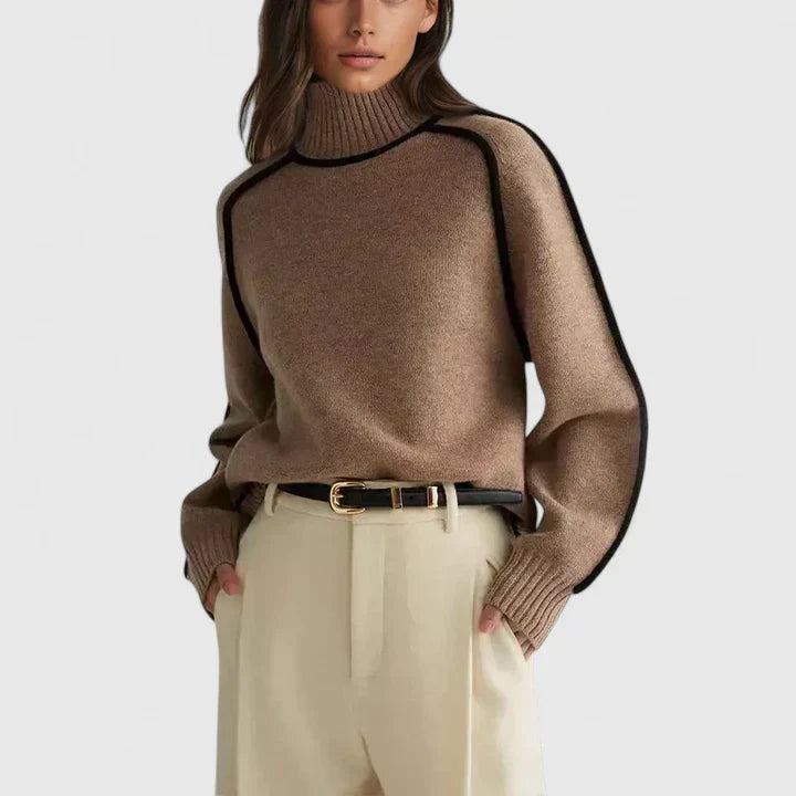 Elizandraa | Women's Batwing Turtleneck Sweater with Contrast Piping