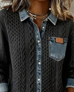 Odette | Women's Cable Knit Sweater Shirt with Denim Collar and Pocket