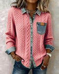 Odette | Women's Cable Knit Sweater Shirt with Denim Collar and Pocket