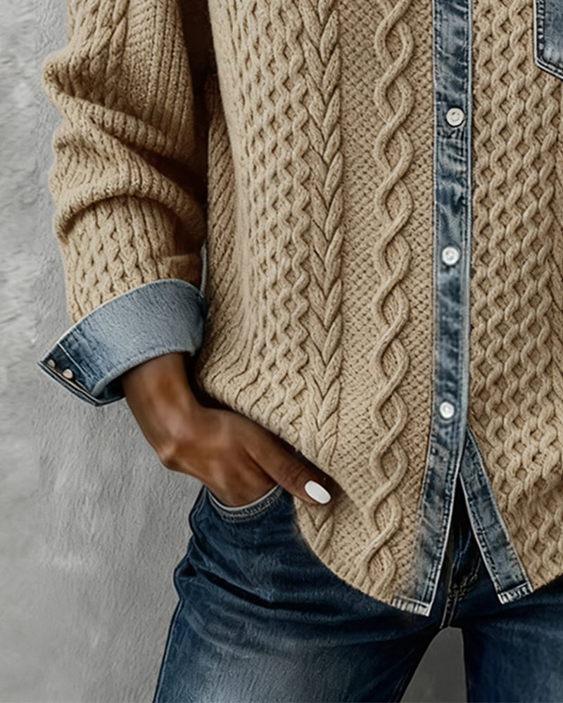 Odette | Women's Cable Knit Sweater Shirt with Denim Collar and Pocket