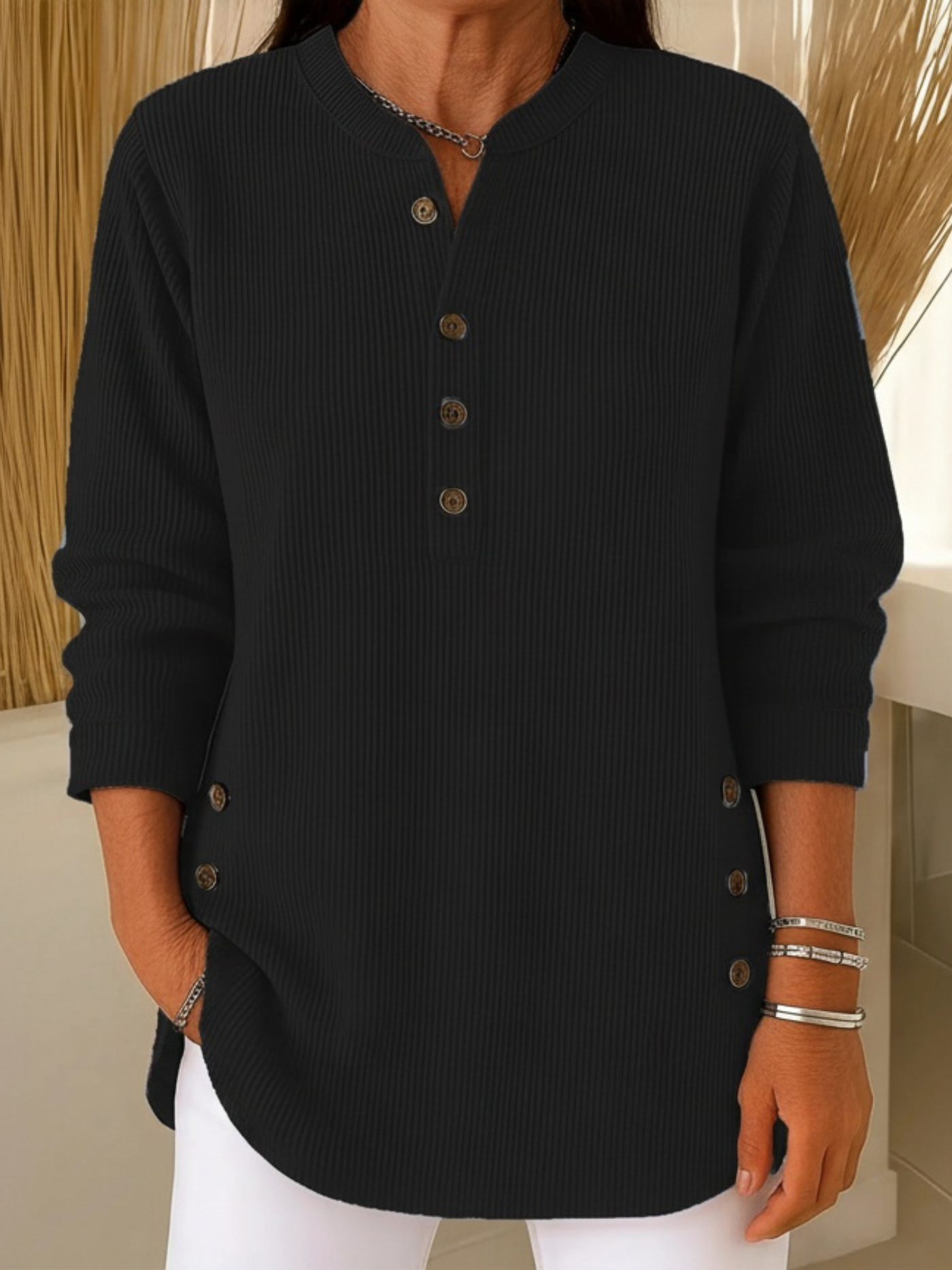 Nysha | Women's Ribbed Knit Henley Tunic Sweater with Button Side Slits