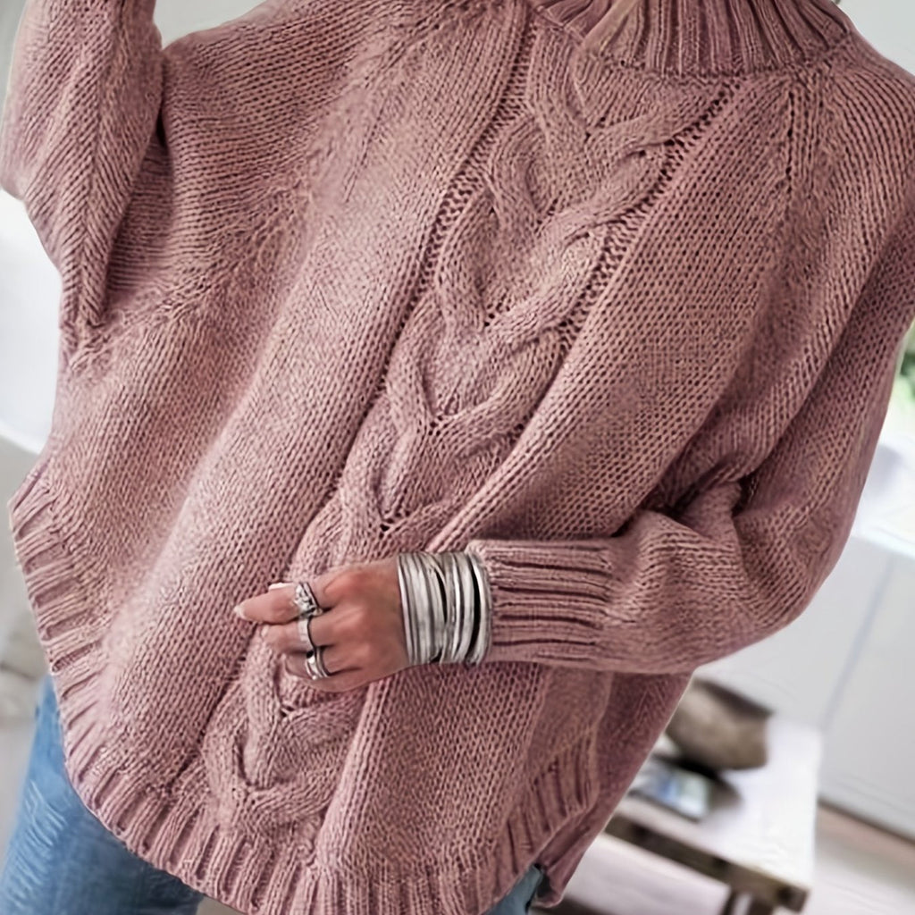 Petra | Women's Wool Cable Knit High Neck Sweater with Flared Hem