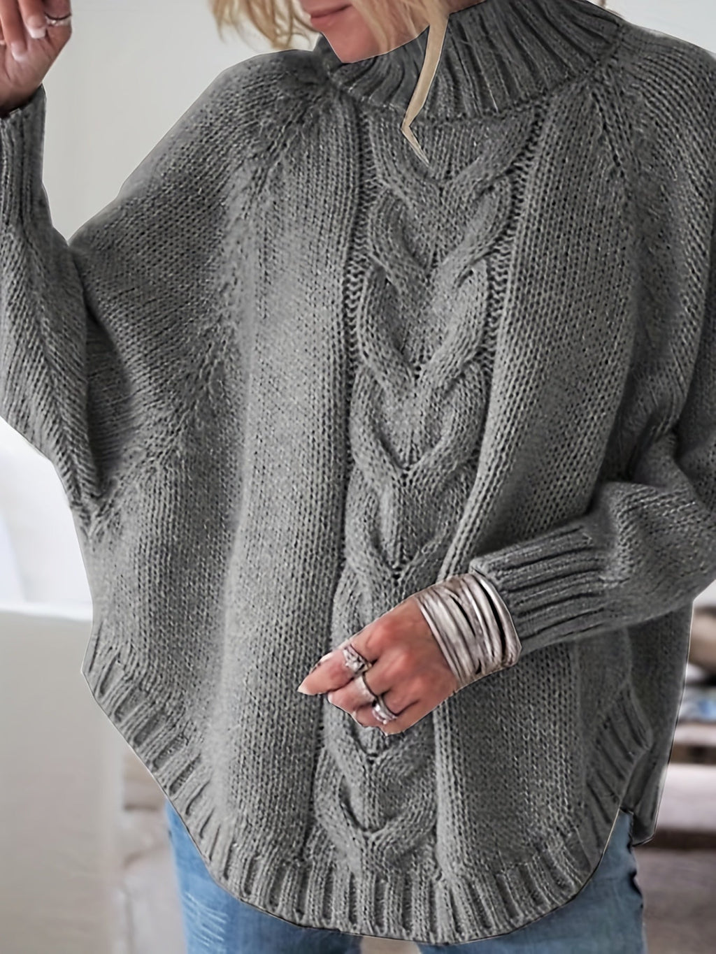 Petra | Women's Wool Cable Knit High Neck Sweater with Flared Hem