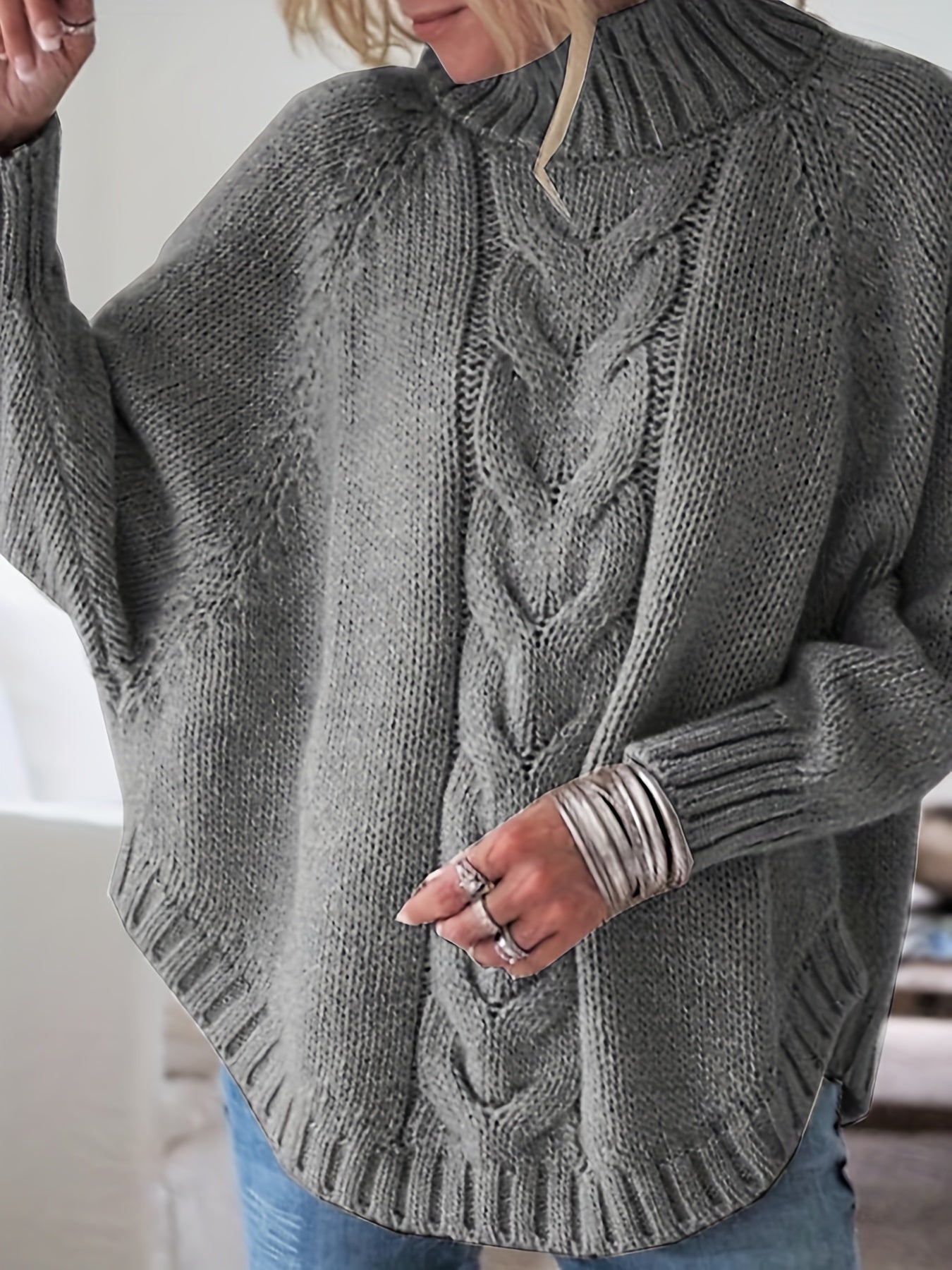 Petra | Women's Wool Cable Knit High Neck Sweater with Flared Hem