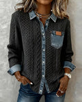 Odette | Women's Cable Knit Sweater Shirt with Denim Collar and Pocket