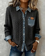 Odette | Women's Cable Knit Sweater Shirt with Denim Collar and Pocket