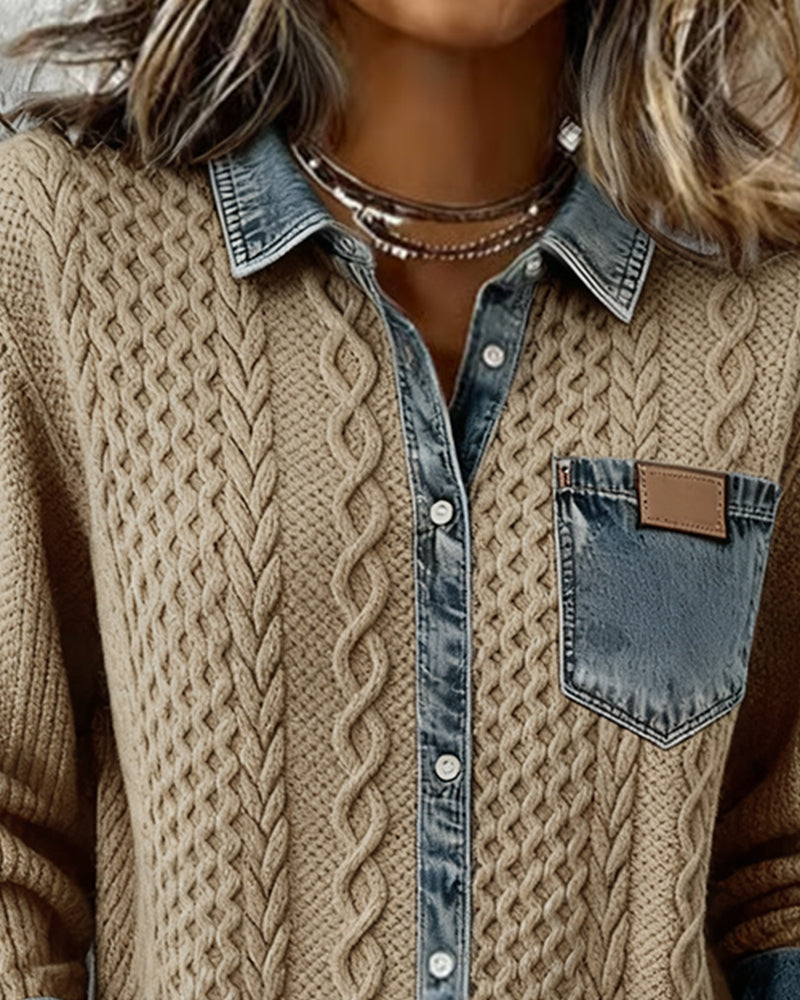 Odette | Women's Cable Knit Sweater Shirt with Denim Collar and Pocket