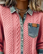 Odette | Women's Cable Knit Sweater Shirt with Denim Collar and Pocket
