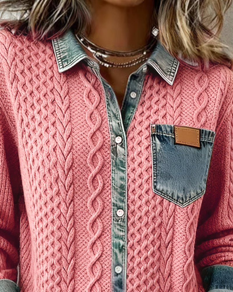 Odette | Women's Cable Knit Sweater Shirt with Denim Collar and Pocket