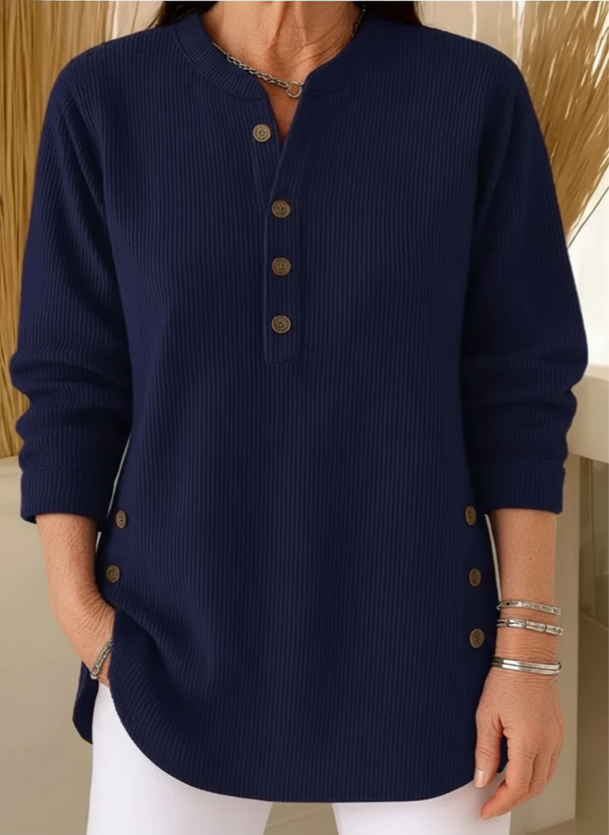 Nysha | Women's Ribbed Knit Henley Tunic Sweater with Button Side Slits
