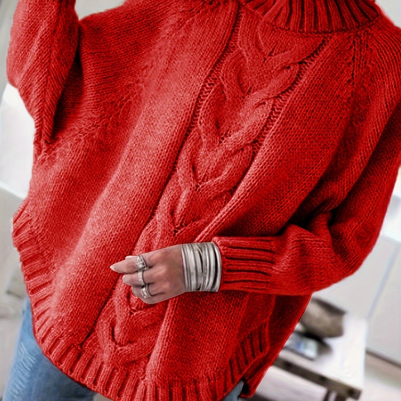 Petra | Women's Wool Cable Knit High Neck Sweater with Flared Hem