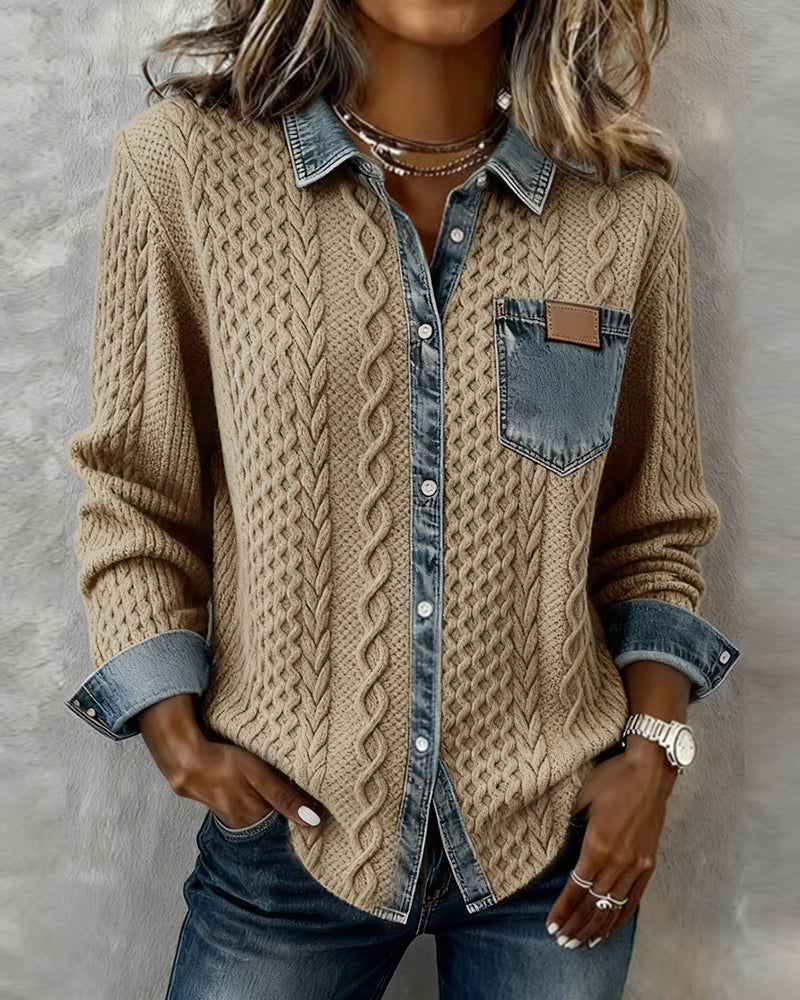 Odette | Women's Cable Knit Sweater Shirt with Denim Collar and Pocket