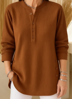 Nysha | Women's Ribbed Knit Henley Tunic Sweater with Button Side Slits