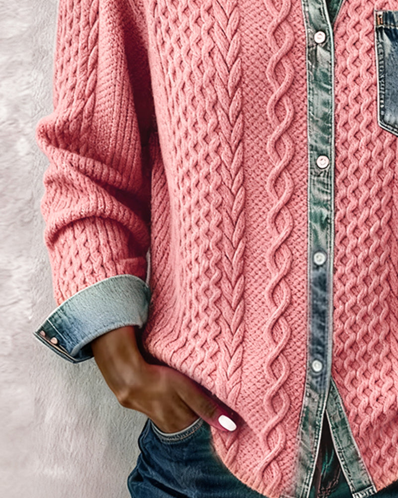 Odette | Women's Cable Knit Sweater Shirt with Denim Collar and Pocket