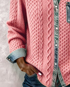 Odette | Women's Cable Knit Sweater Shirt with Denim Collar and Pocket