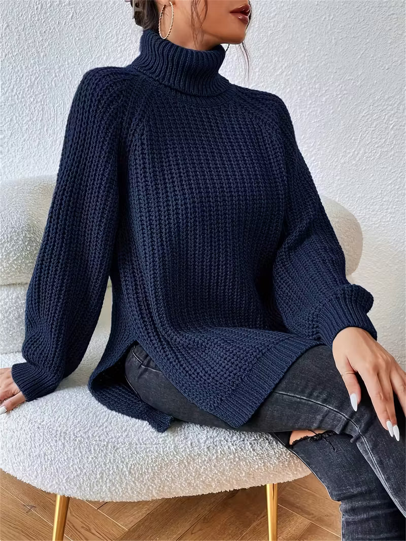 Rylani | Women's Chunky Waffle Knit Turtleneck Sweater with Side Slits