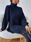 Rylani | Women's Chunky Waffle Knit Turtleneck Sweater with Side Slits