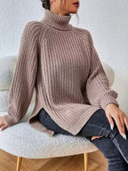 Rylani | Women's Chunky Waffle Knit Turtleneck Sweater with Side Slits
