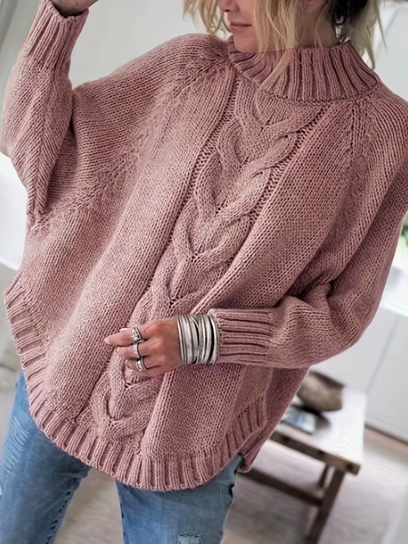 Petra | Women's Wool Cable Knit High Neck Sweater with Flared Hem