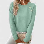 Vespera | Women's Crew Neck Sweater with Button Shoulder Detail