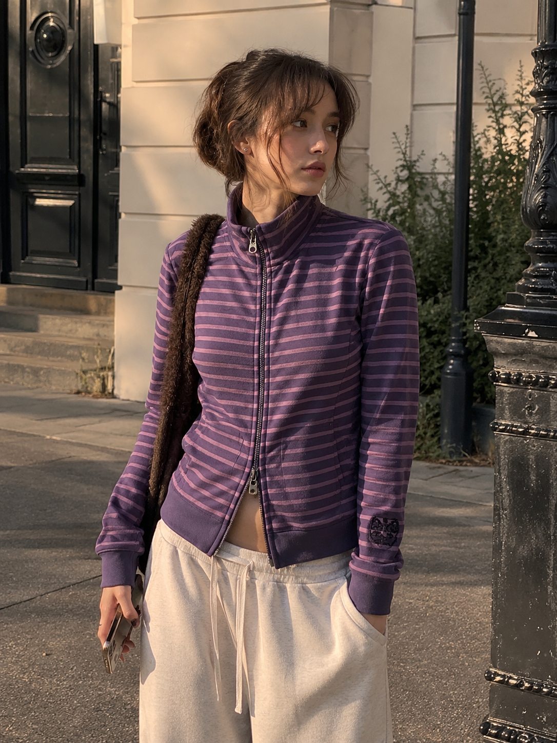 Harper | Women's Striped Chunky Zip-Up Polo Neck Knit Cardigan