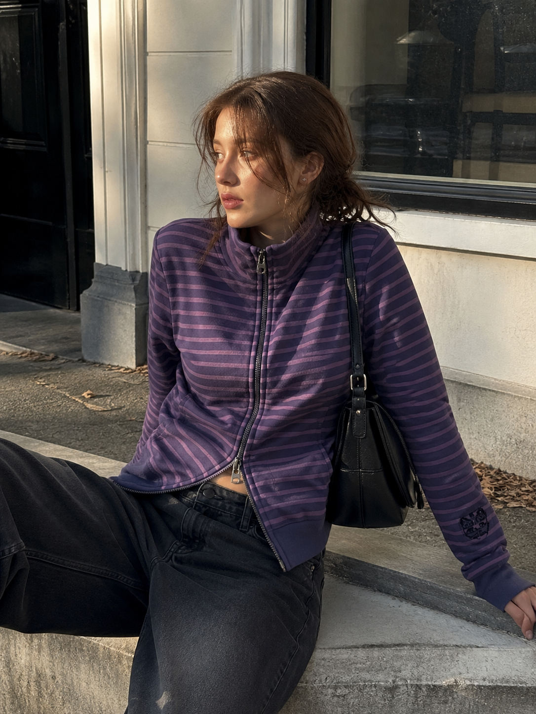 Harper | Women's Striped Chunky Zip-Up Polo Neck Knit Cardigan