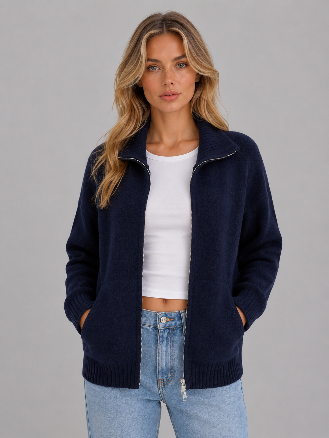 Lena | Women's Zip-Up Funnel Neck Knitted Cardigan