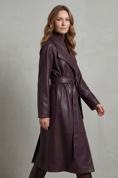 Aurélie | Women's Faux Leather Belted Trench Coat