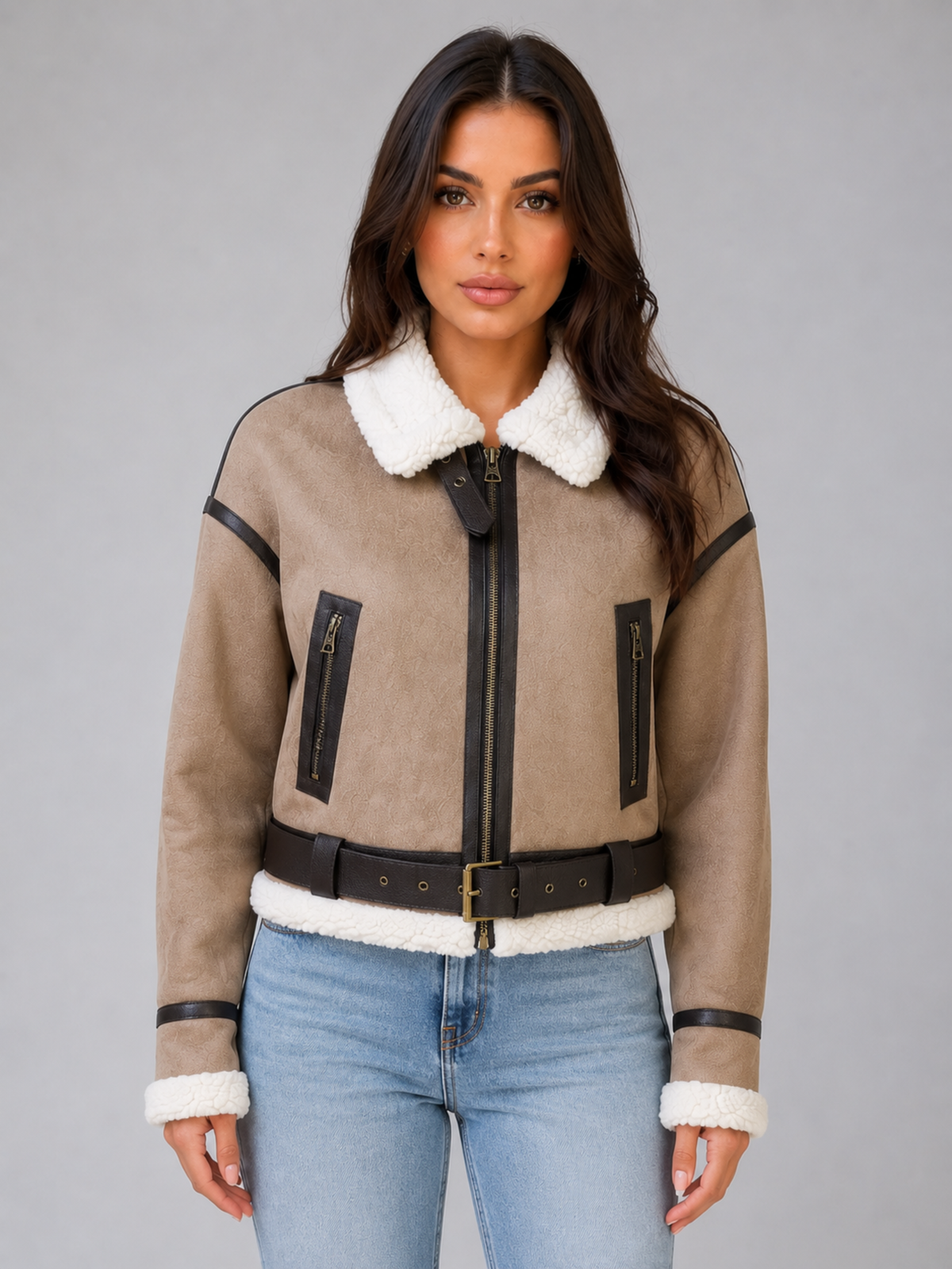 Ivy | Women's Cropped Suede Look Teddy Lined Aviator Jacket