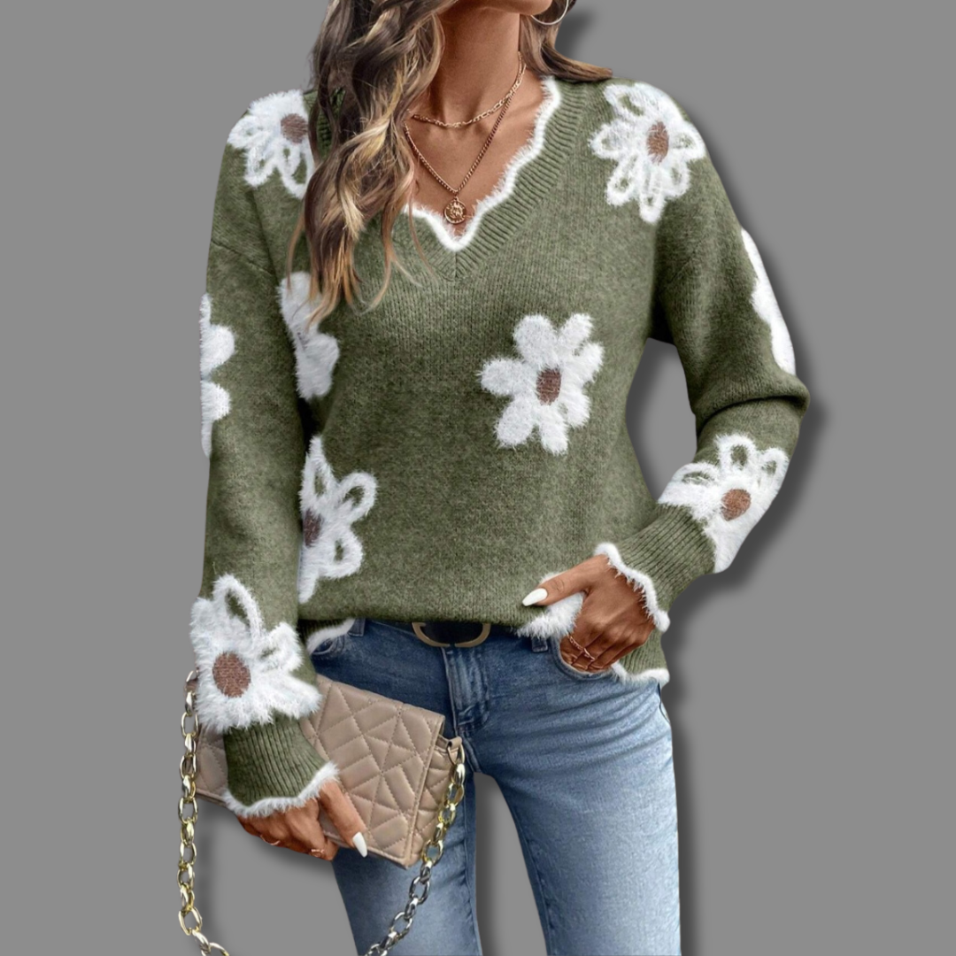 Trie | Women's Floral Applique V-Neck Sweater