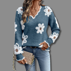 Trie | Women's Floral Applique V-Neck Sweater