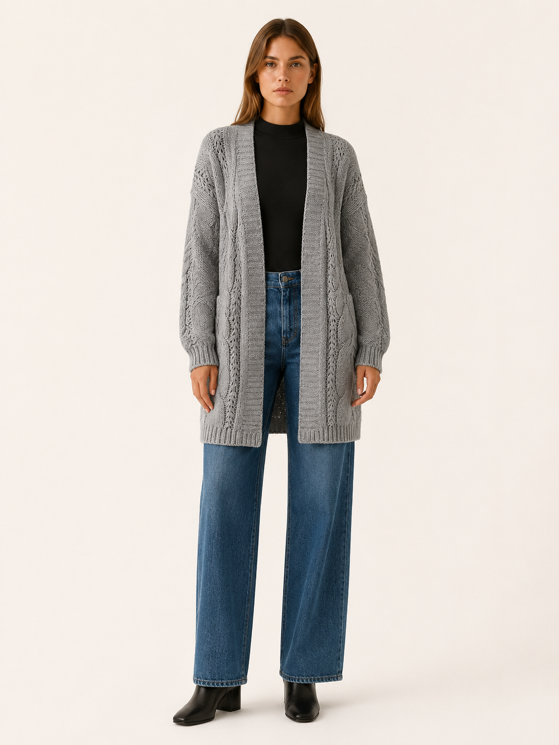Mireya | Long Cardigan with Open Front and Textured Detail