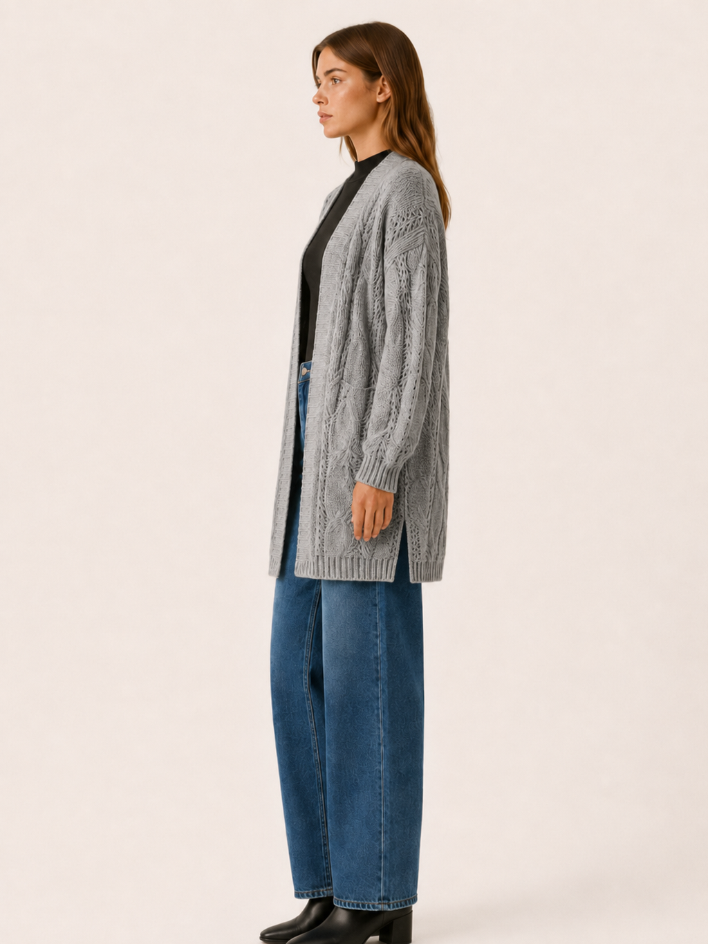 Mireya | Long Cardigan with Open Front and Textured Detail