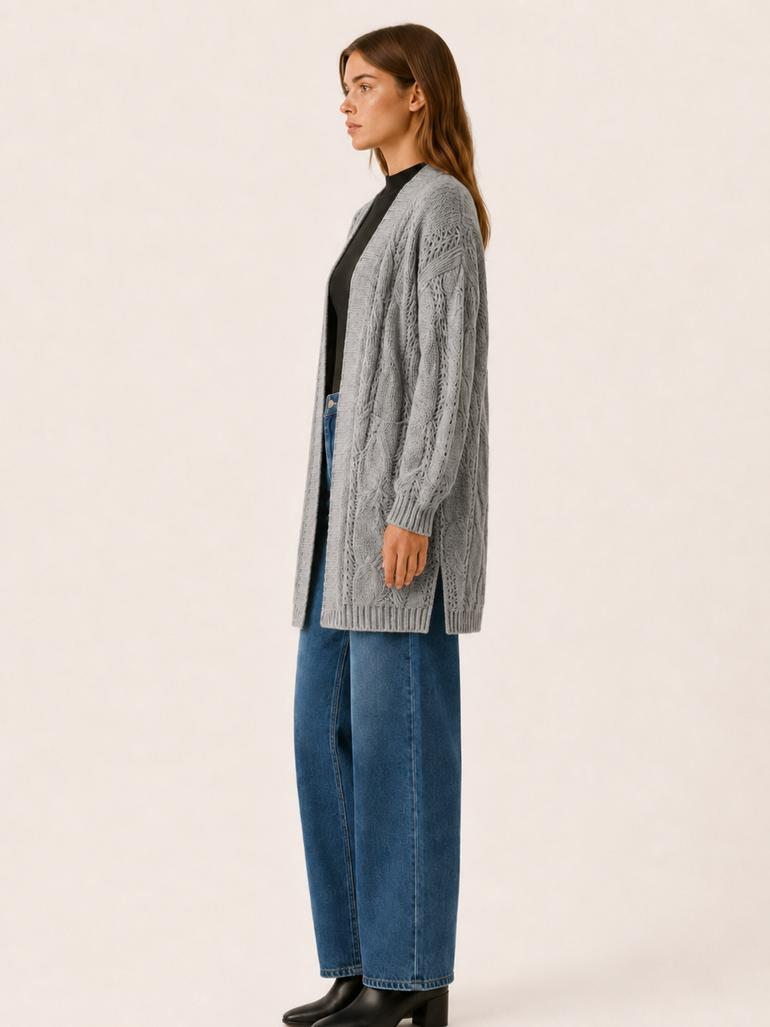 Mireya | Long Cardigan with Open Front and Textured Detail