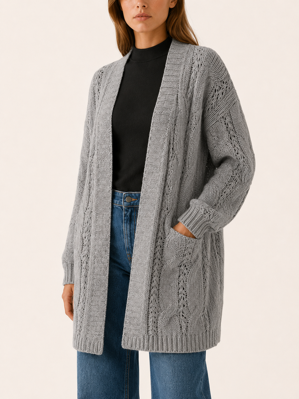 Mireya | Long Cardigan with Open Front and Textured Detail