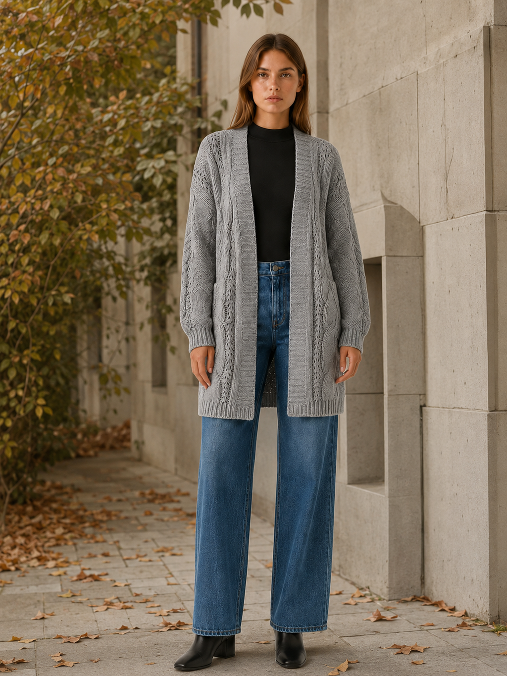 Mireya | Long Cardigan with Open Front and Textured Detail