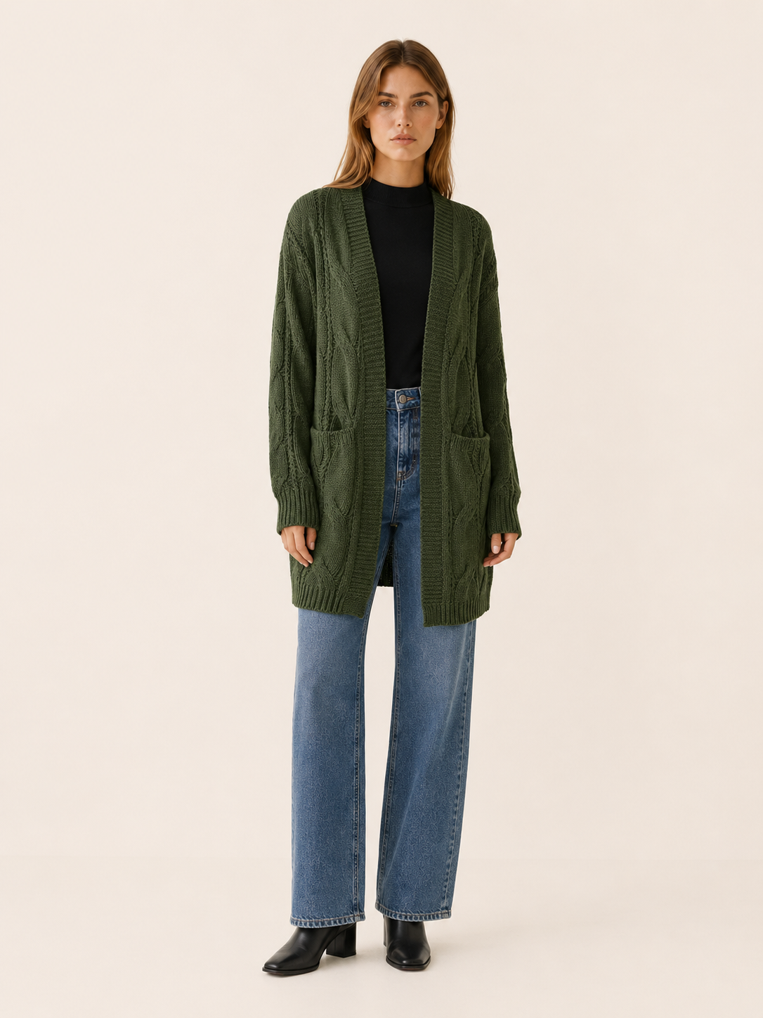 Mireya | Long Cardigan with Open Front and Textured Detail