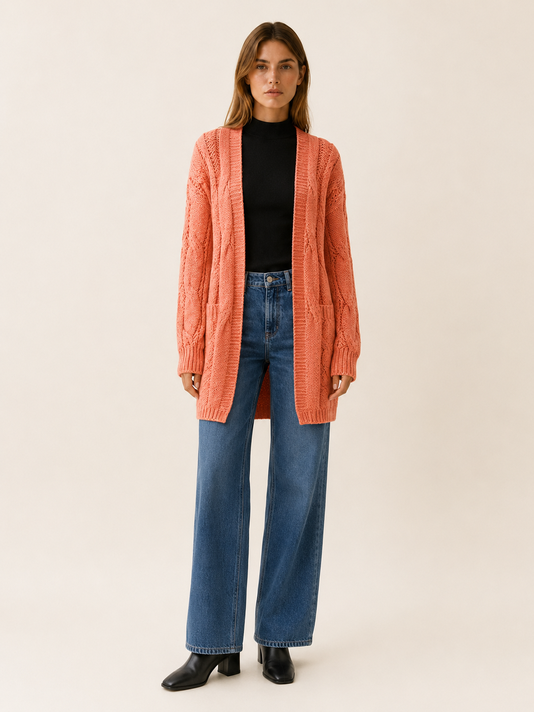Mireya | Long Cardigan with Open Front and Textured Detail