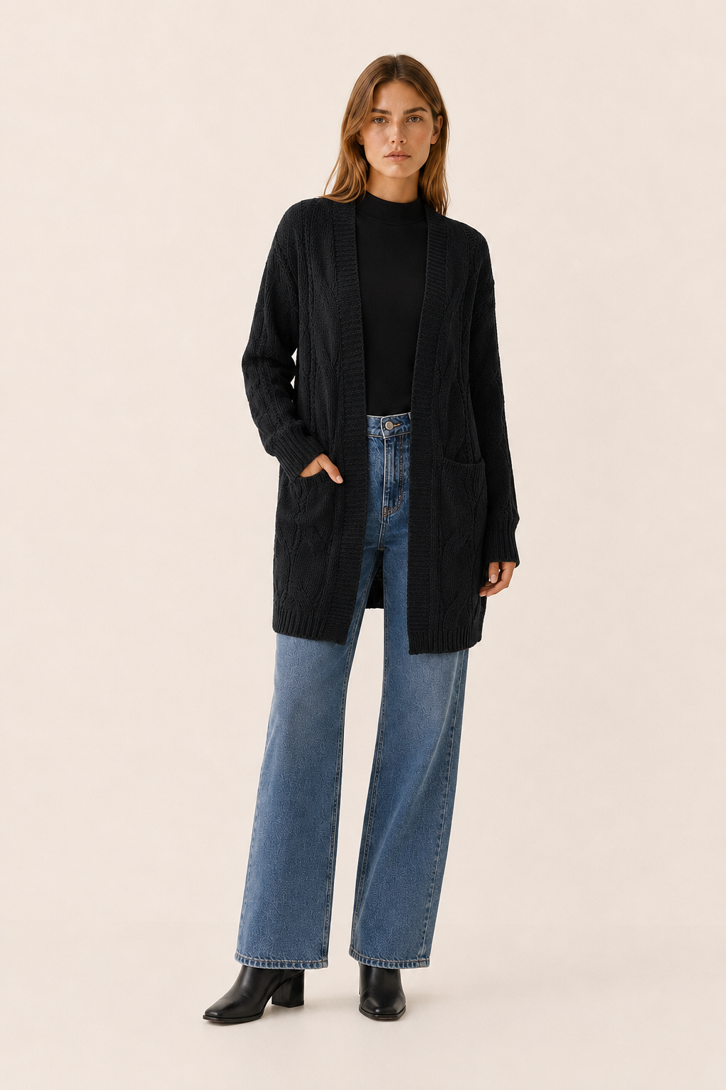 Mireya | Long Cardigan with Open Front and Textured Detail