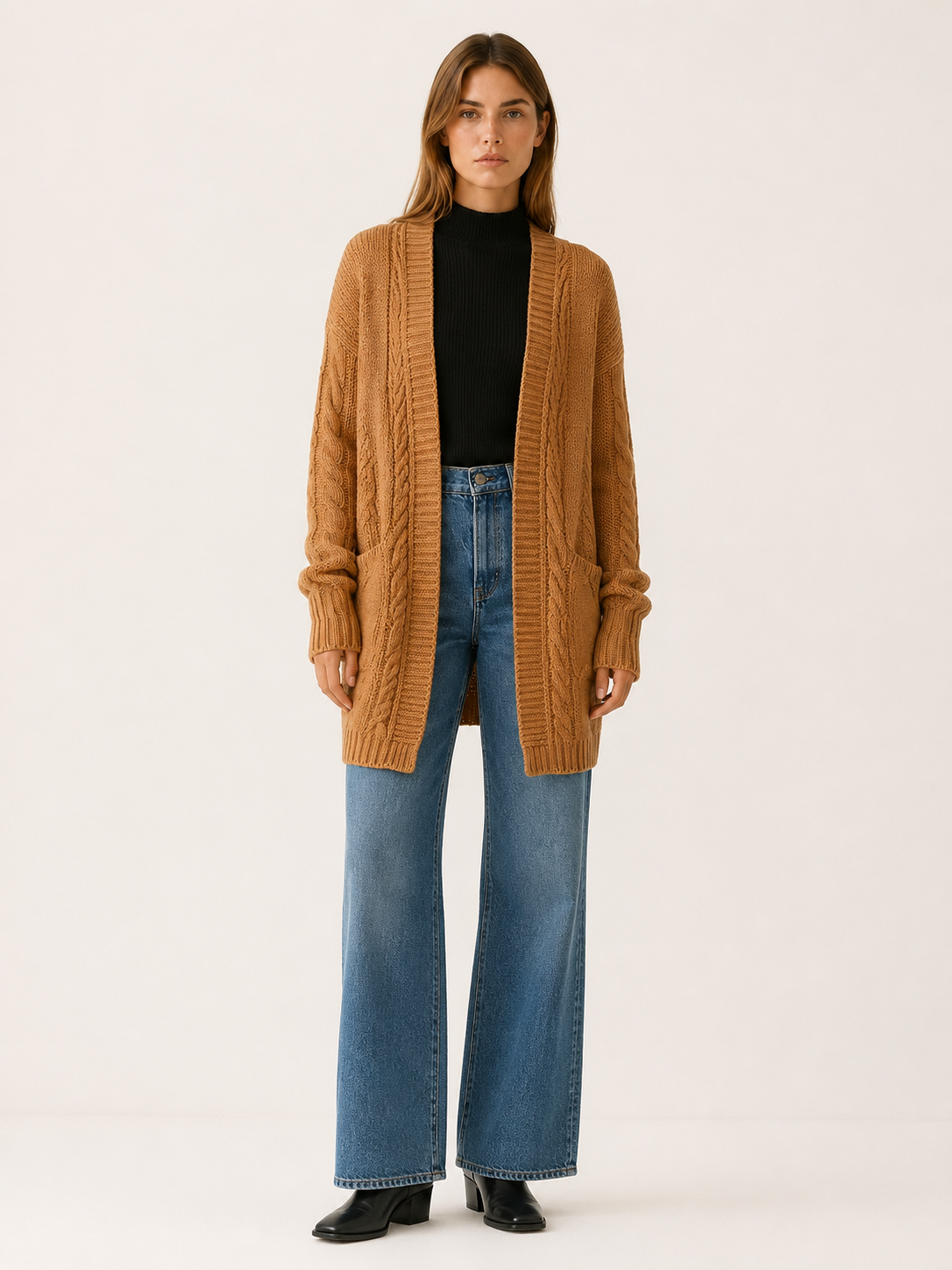 Mireya | Long Cardigan with Open Front and Textured Detail