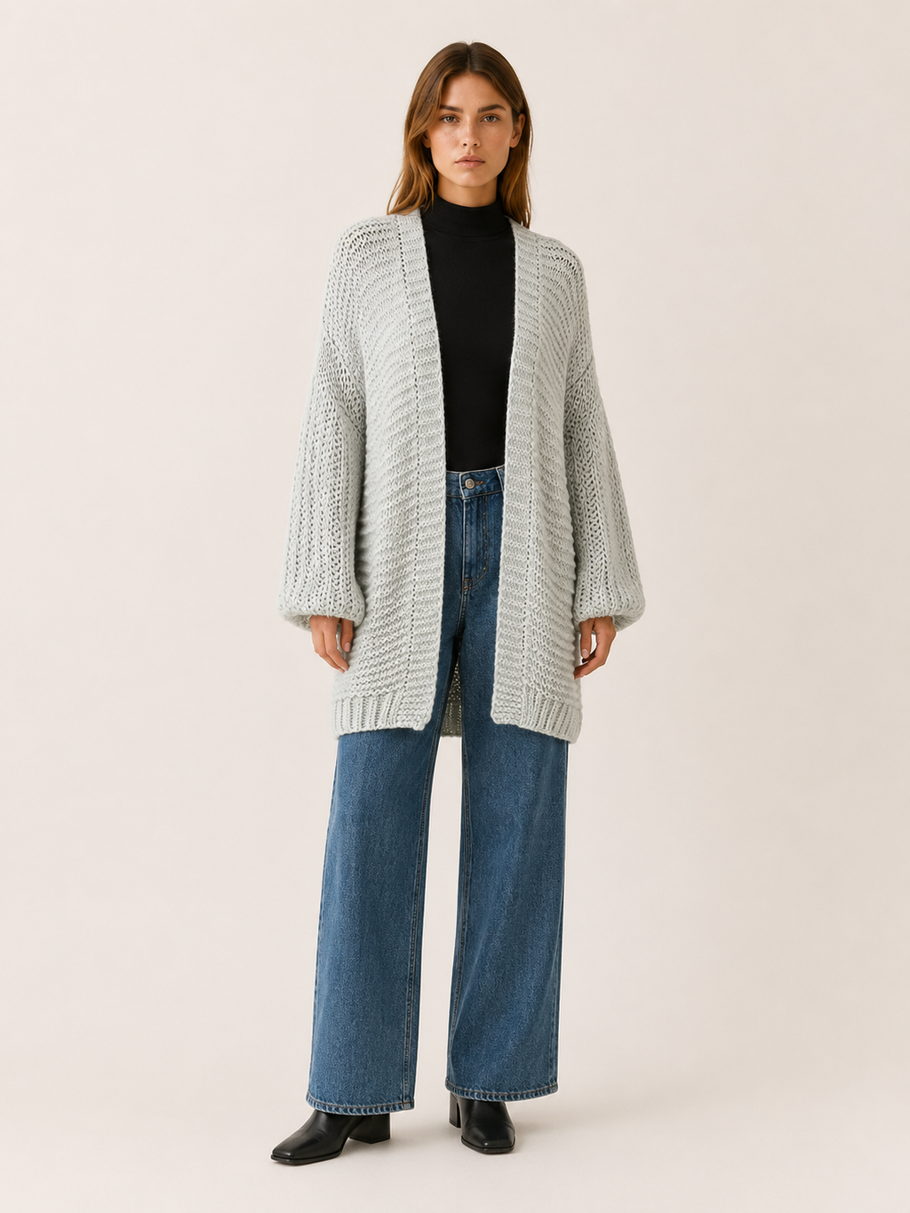 Imogen | Long Cardigan with Balloon Sleeves and Open Front