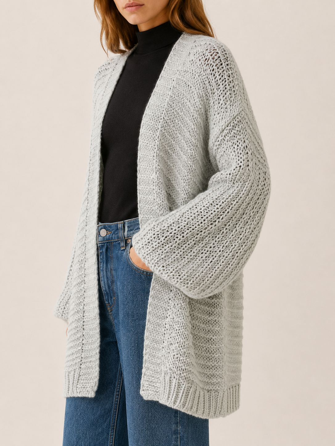 Imogen | Long Cardigan with Balloon Sleeves and Open Front