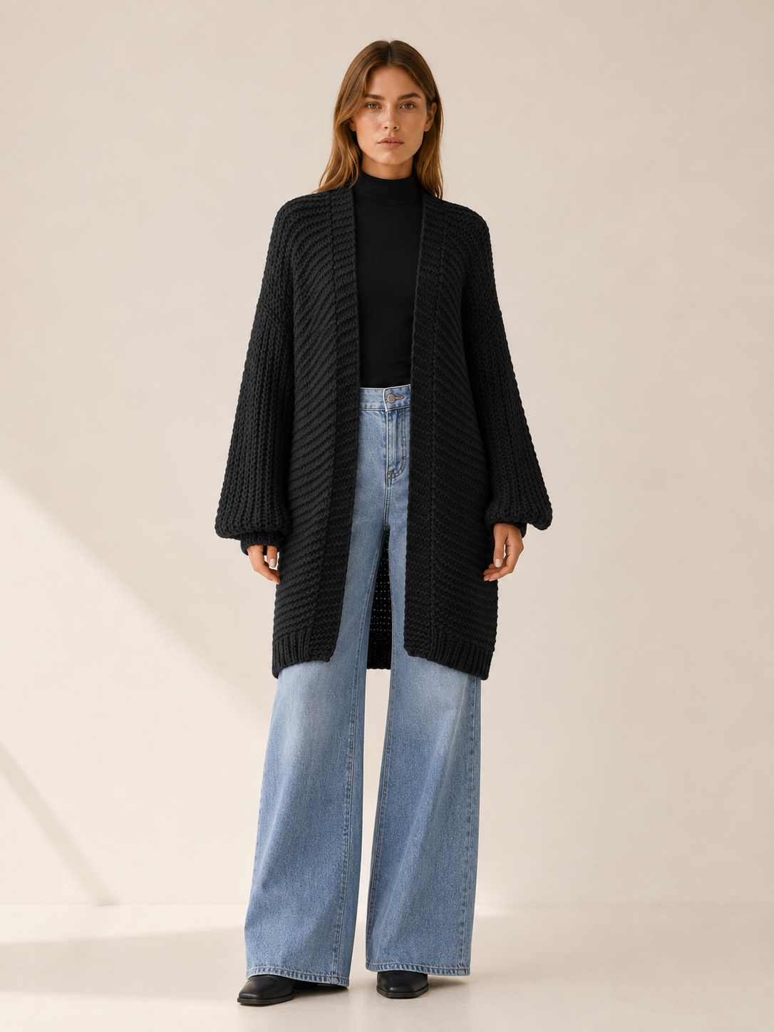 Imogen | Long Cardigan with Balloon Sleeves and Open Front