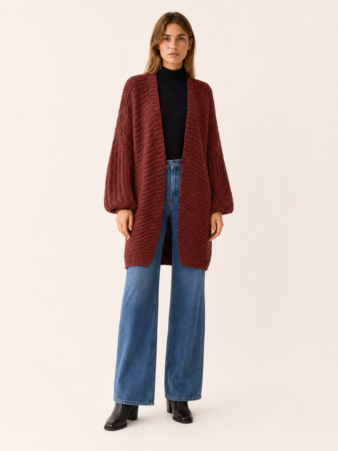 Imogen | Long Cardigan with Balloon Sleeves and Open Front