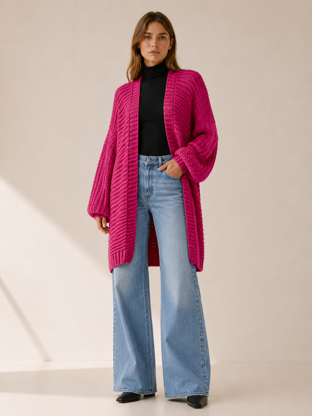 Imogen | Long Cardigan with Balloon Sleeves and Open Front